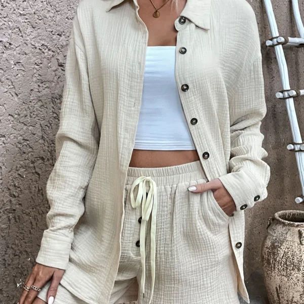 SMY Solid Drop Shoulder Button Up Shirt & Knot Front Slant Pocket Shorts