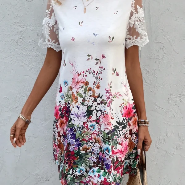 SMY Women's Flora Print Mesh Short Sleeve Dress