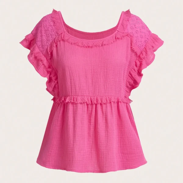 SMY Unity Women's Summer Solid Color Round Neck Ruffle Hem Blouse