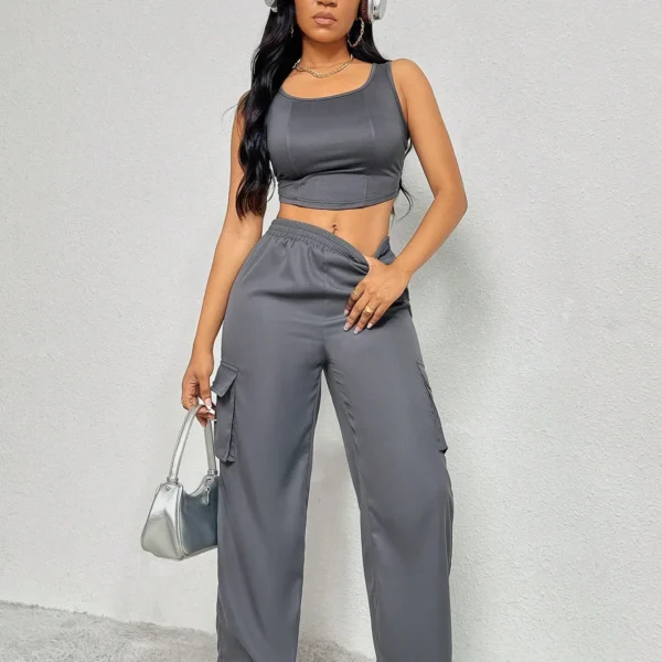 SMY Slayr 2pcs Women Casual Sleeveless Crew Neck Tank Top And Pocketed Long Pants Sports Suit