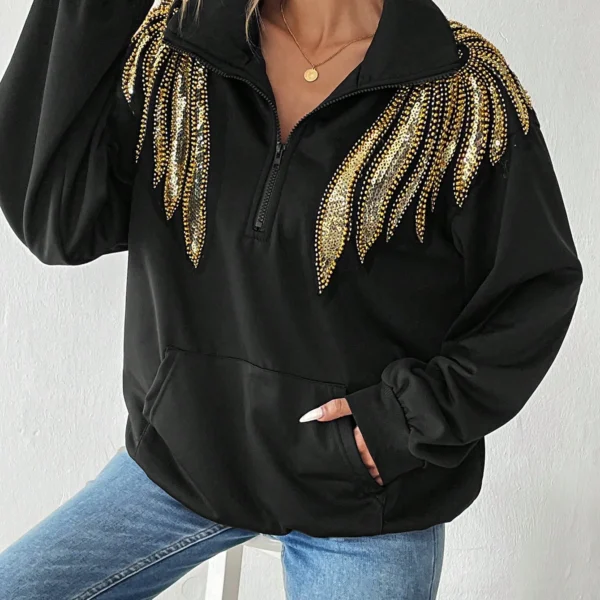 SMY Women Casual Solid High Collar Half-Opening Color Block Golden Wing Sequins Sweatshirt