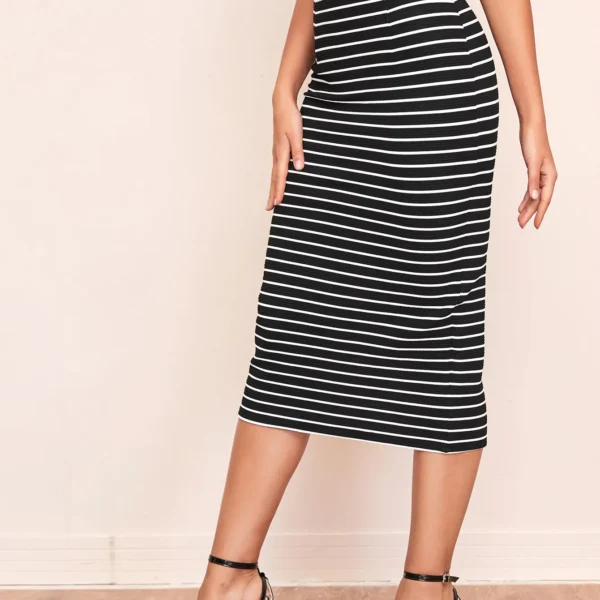 SMY Black And White Stripes Mid Length Skirt
