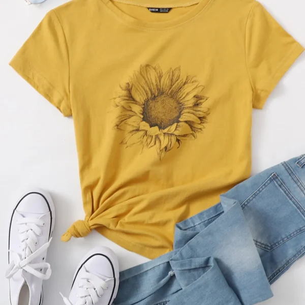 SMY Small Round Neck Simple Pattern Sunflower Print Plus Size T-Shirt