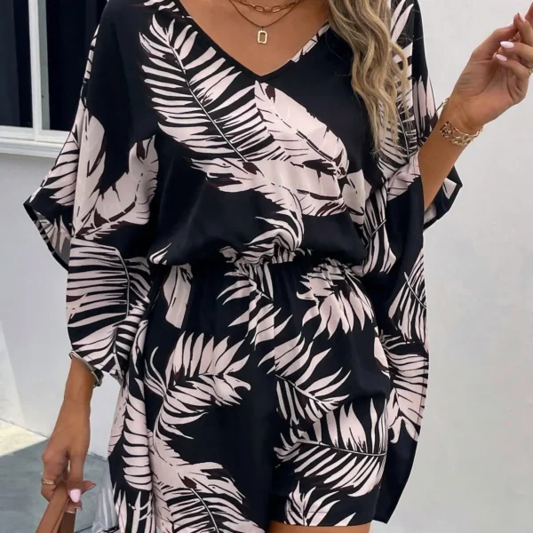 SMY Casual Trend Small V-Neck Bat Sleeve Waist Cinched Jumpsuit Shorts