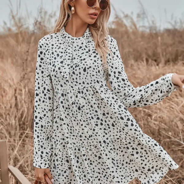 SMY Leisure Leopard Ribbon Collar Long Sleeved Dress