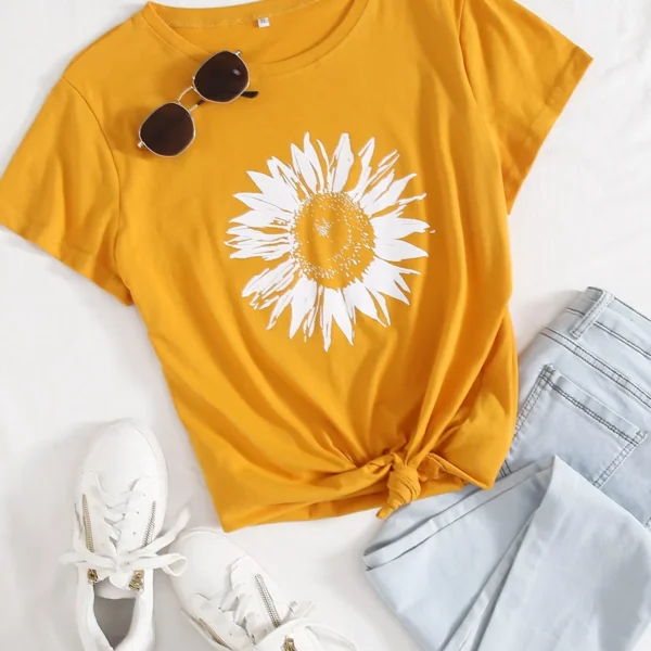 SMY Sunflower Pattern Small Round Neck Simple Pattern Printed T-Shirt