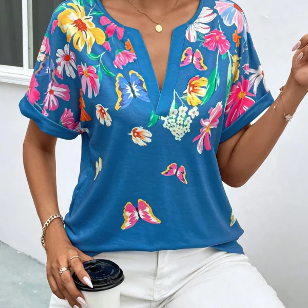 SMY Casual Floral Print Trend Gap V-Neck T-Shirt