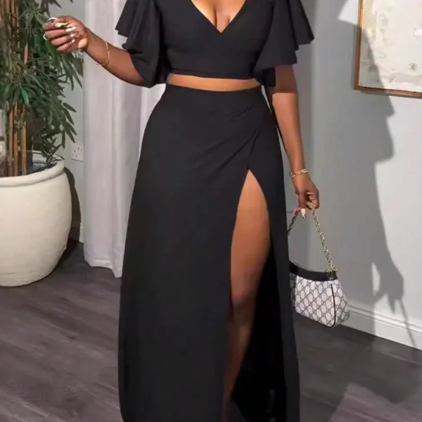 SMY Casual Trend Small V-Neck Women's Elegant Slim Fit Solid Color V-Neck Large Flying Sleeve Two-Piece Set