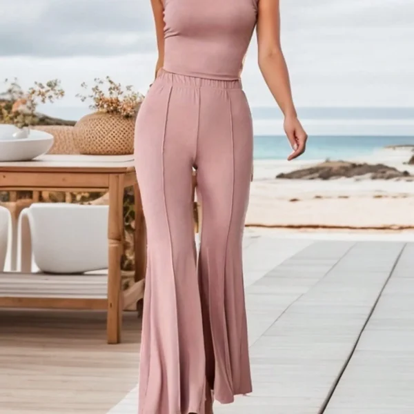 SMY Elegant Trend Slanted Shoulder Collar Women's Elegant Sleeveless V-Neck Three Dimensional Flower Top Solid Color Two Piece Set