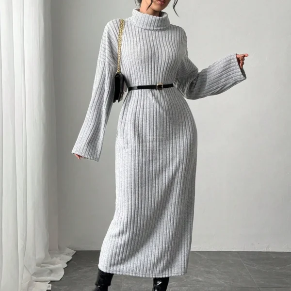 SMY Women's Casual Gray Long Sleeve Knit Sweater Dress Maxi Women Outfit